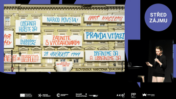 Legálně umístěné slogany na budově SNG k výročí Slovenského národního povstání, které nešlo zlikvidovat, ale trefovali se do aktuální situace.